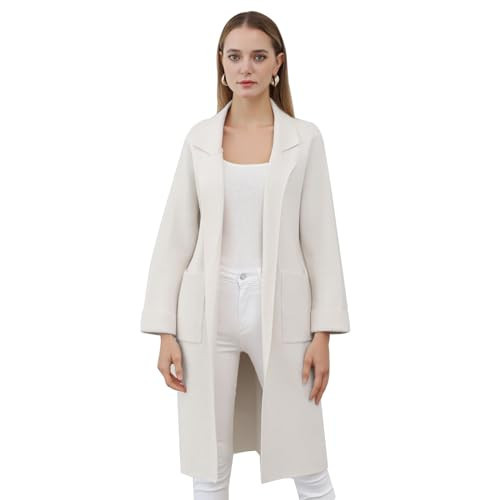 CHICWISH Women's Open Front Cardigan Ivory Long Sleeve Notch Lapel Belted Longline Coatigan Ribbed Knit Coat With Pockets | Amazon (US)