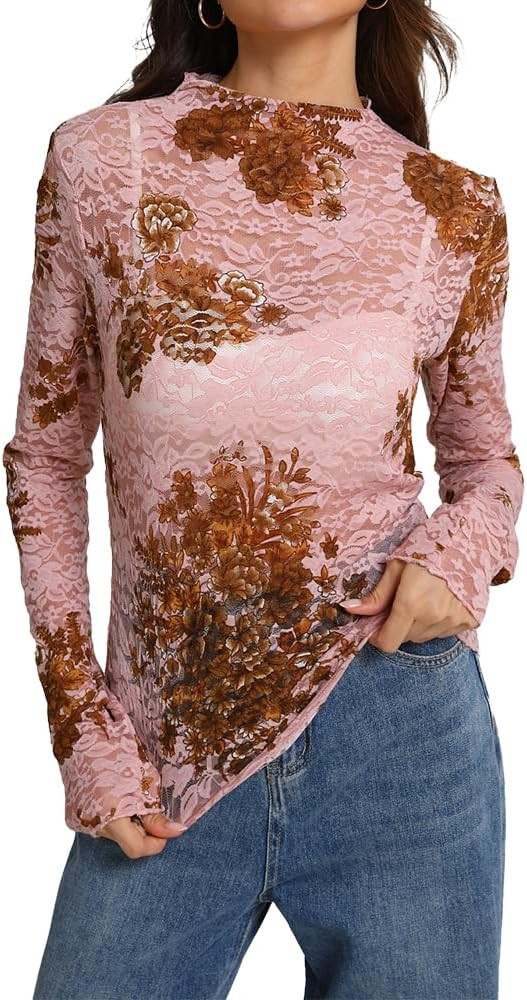 IWOLLENCE Women's Long Sleeve Mock Neck Lace Tops Sexy Floral Western See Through Blouse Sheer Me... | Amazon (US)