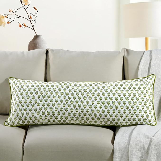 CPC Emerald Green 100% Cotton Block Print Sham Cover 14x36 inch, Handmade Boho Floral Pillowcase,... | Amazon (US)