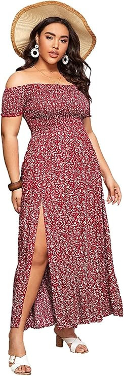 Floerns Women's Boho Floral Print Off Shoulder Split Long A Line Dress | Amazon (US)