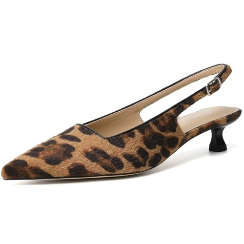 Mostrin Leopard Slingback Kitten Heels for Women Suede Pointed Closed Toe Heels Low Pumps Shoes for Party Work Office Size 7.5 | Amazon (US)