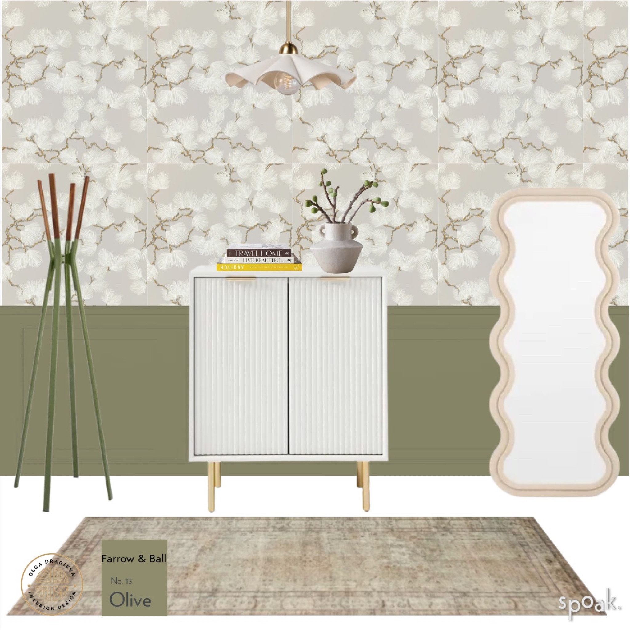 Beautiful entryway moodboard! I love the neutral pine branches wallpaper, the beige wavy mirror and the statement ruffle pendant from Mitzi! The gorgeous white entryway cabinet is from West Elm. Antique style rug and a minimalist coat rack from Blu Dot. 

#LTKSpringSale #LTKstyletip #LTKhome
