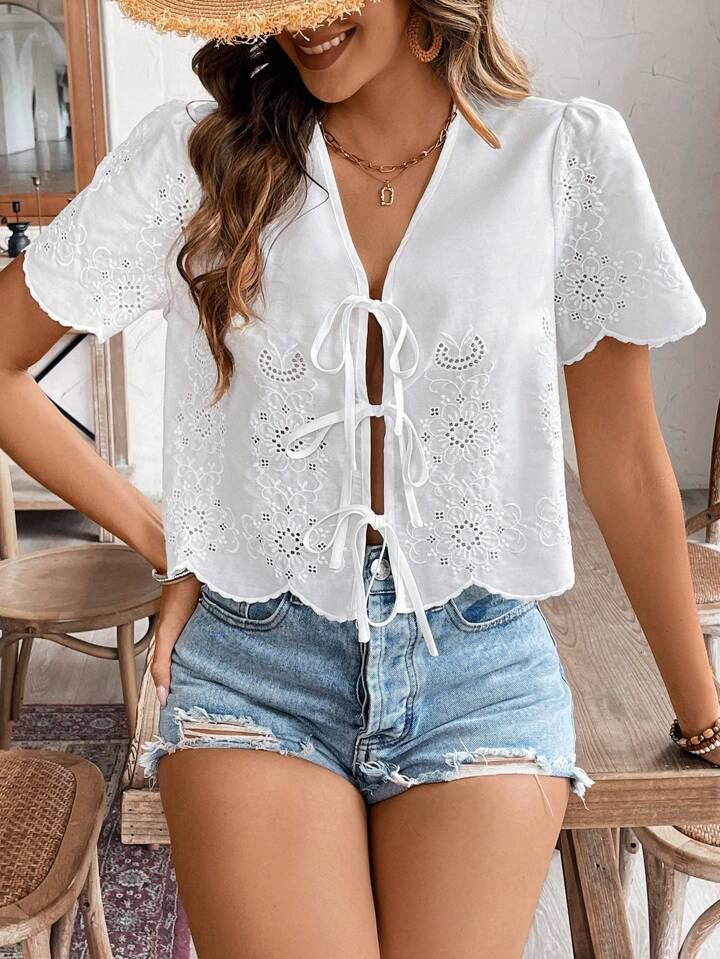 SHEIN Frenchy Women's S Tie Front Ruffle Hem Sleeve Flap Hollow Embroidery Shirt, Summer Women's ... | SHEIN