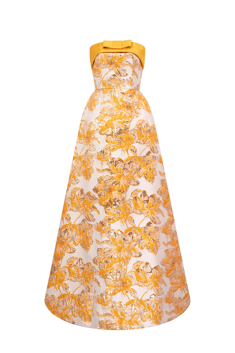 CULT MIA X I.H.F STRAPLESS YELLOW JACQUARD BALLGOWN | I.H.F | CULT MIA | CULT MIA UK LTD