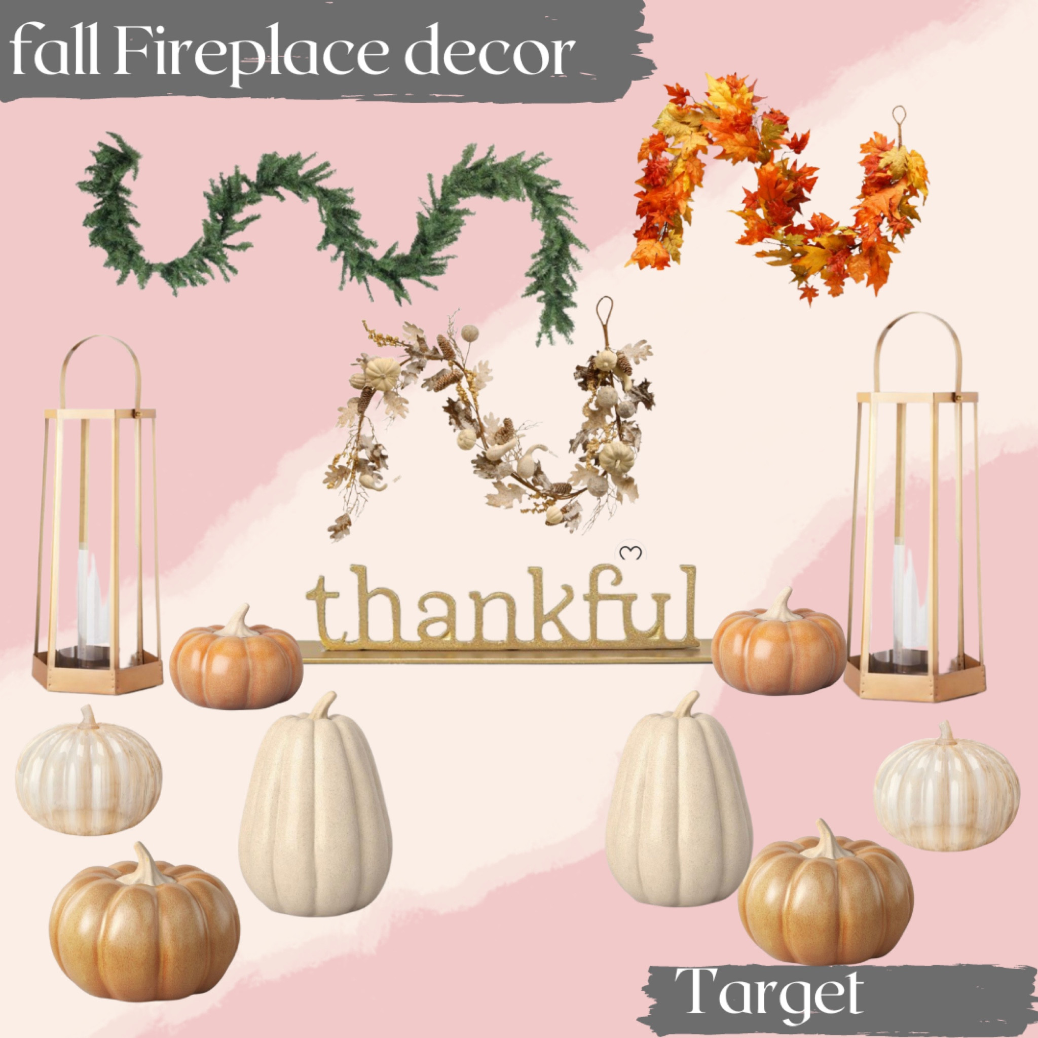 Fireplace fall decor that I am loving. I love the ceramic pumpkins since they are good year after year. They are great for anywhere around the house. Fall decor, fall fireplace decor, fall pumpkins, fall lanterns, fall garland for the mantle. Target fall decor

#LTKunder50 #LTKhome #LTKSeasonal