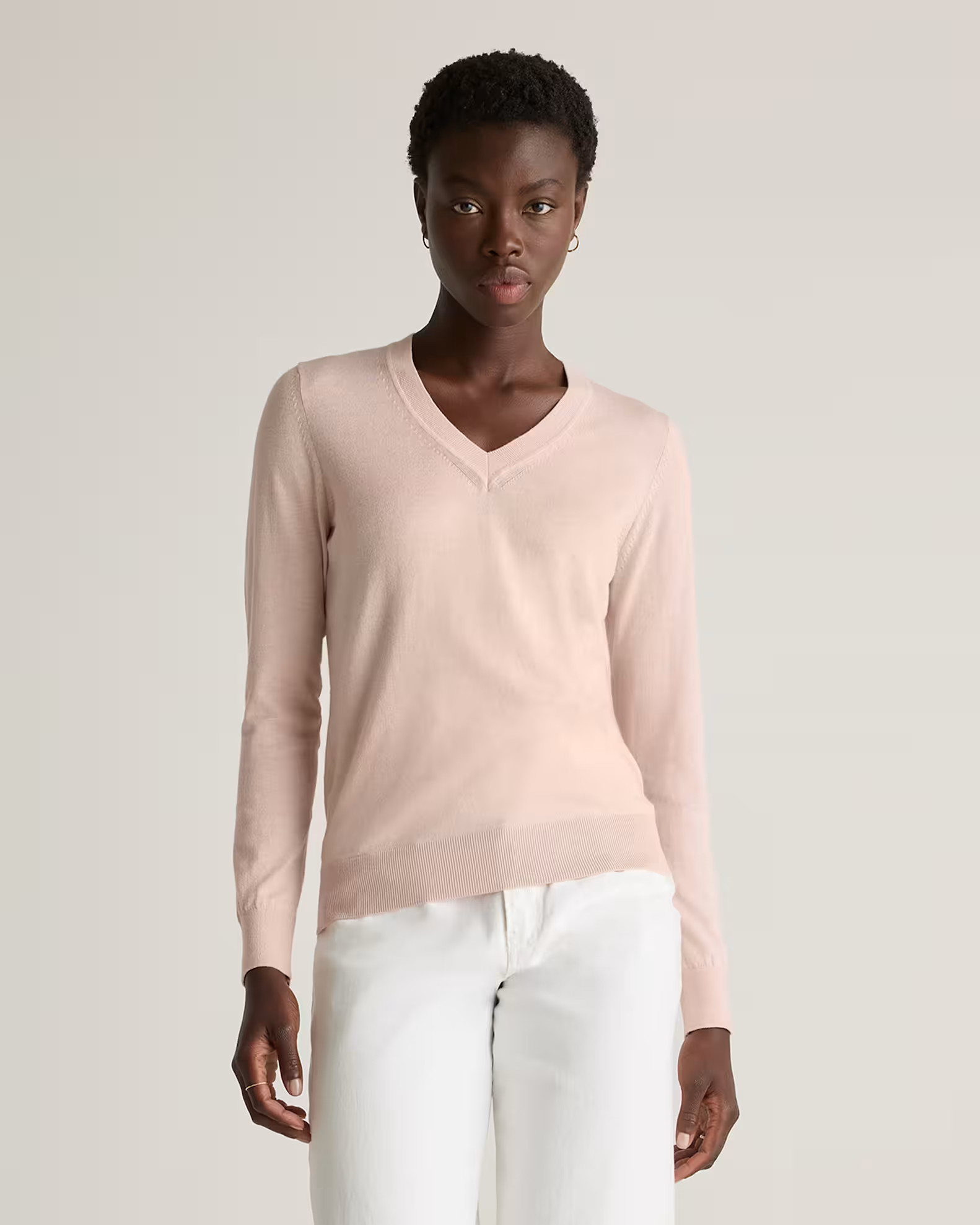 Lightweight Cotton Cashmere V-Neck Sweater in Sugar Stone | Quince
