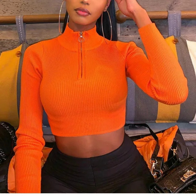 Women Zipper Pink Cropped Top Long Sleeve Turtleneck Solid Color Slim Top - Walmart.com | Walmart (US)