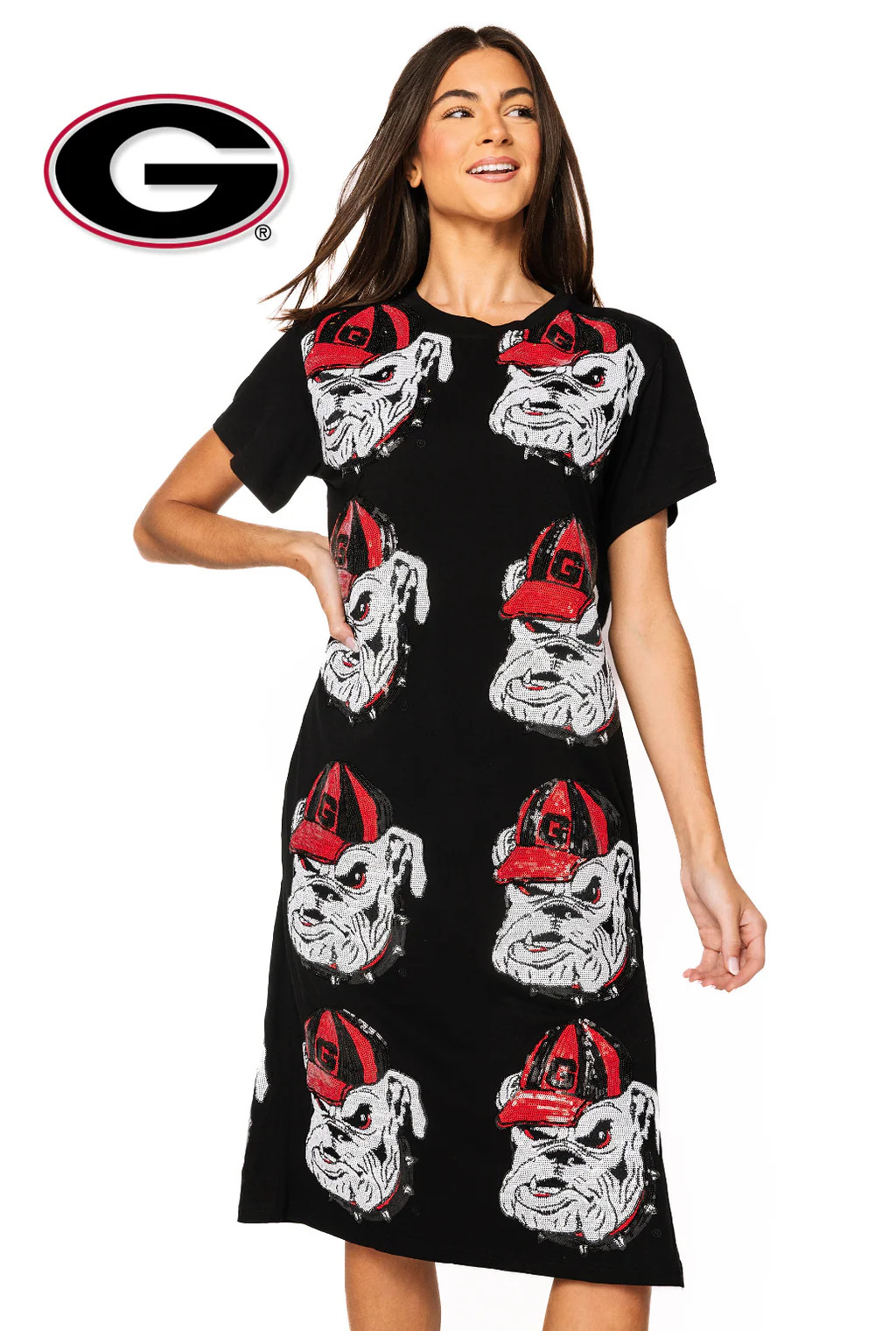 Licensed Black Georgia Bulldog Mascot Midi Tee Dress | Queen of Sparkles