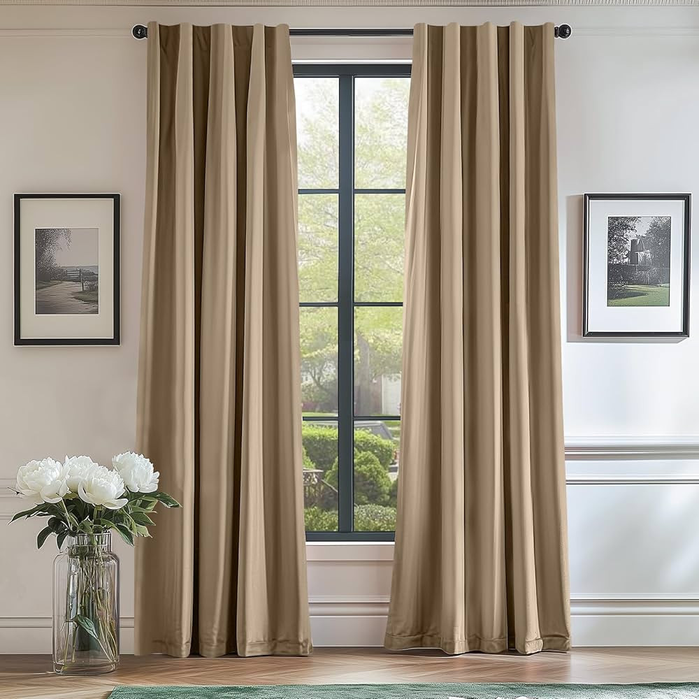 Lazzzy Velvet Curtain Beige Thermal Insulated Curtains 96 Inch Long Drapes for Bedroom Living Roo... | Amazon (US)