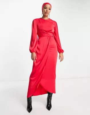 Flounce London satin wrap front maxi dress in red | ASOS (Global)