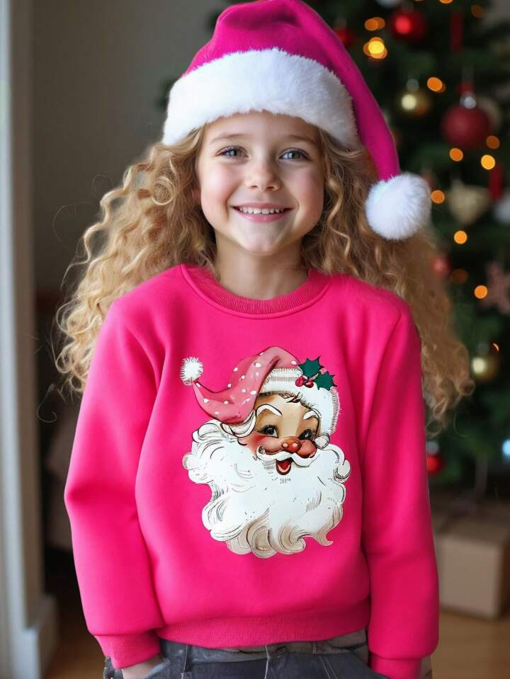 SHEIN Persoplay Kids 1pc Christmas Young Girl Cute Santa Claus Graphic Fleece Crew Neck Sweatshir... | SHEIN