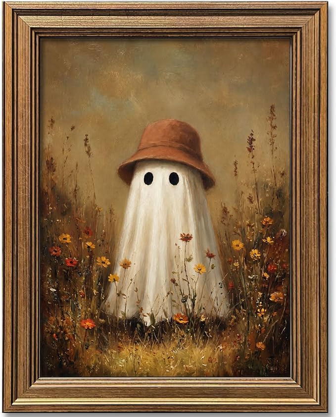 Wemandh Vintage Halloween Wall Art, Gold Framed Cute Ghost in Wildflowers Canvas Print, Cottageco... | Amazon (US)