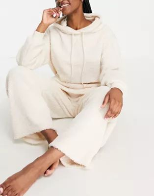 ASOS DESIGN lounge fleece hoodie & straight leg pant set in cream | ASOS (Global)