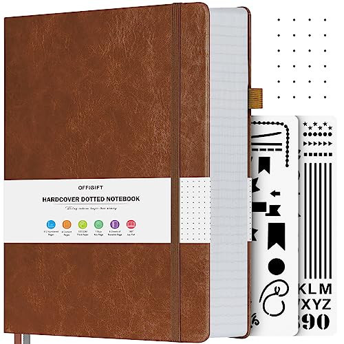 OFFIGIFT Dotted Journal Notebook, 312 Numbered Pages Large B5 Hardcover Dot Journal, 100gsm No Bleed Paper Dot Grid Notebook with Index Pages, Dotted Notebooks for Women Men, 7.6'' X 10'', Brown | Amazon (US)