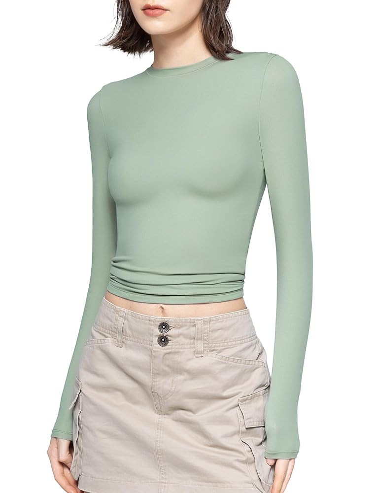 PUMIEY Women's Long Sleeve T Shirts Crew Neck Slim Fit Tops Sexy Basic Tee Smoke Cloud Pro Collec... | Amazon (US)