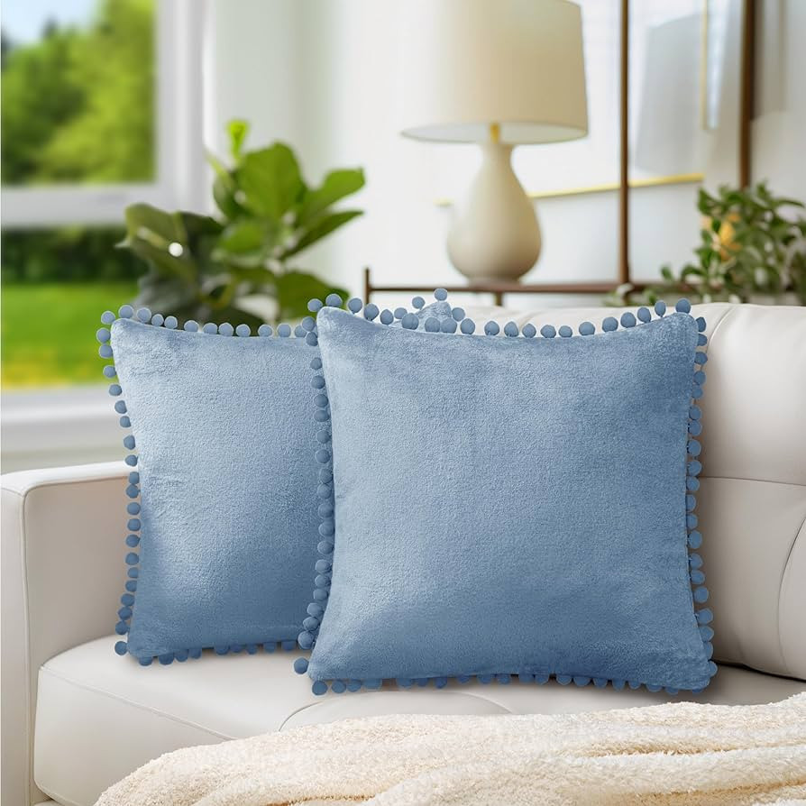 PAVILIA Dusty Blue Throw Pillow Covers Pom Pom 18x18 Set of 2, Decorative Pillow Cases Bed Sofa C... | Amazon (US)