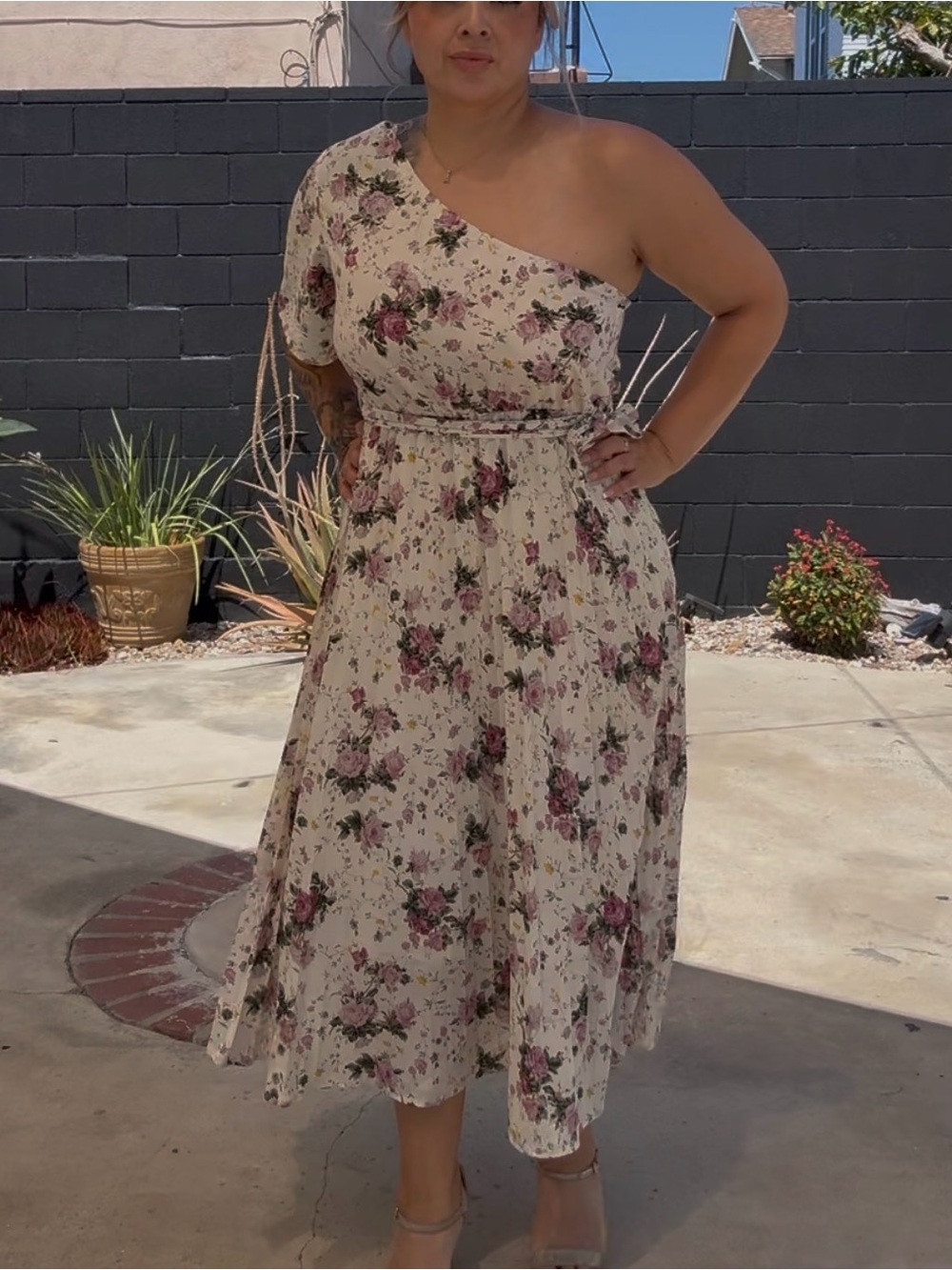 Floral One-Shoulder Midi Dress in Cream with Pink Roses | Poshmark