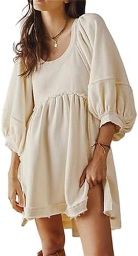 HOULENGS Women's Oversized Crew Neck Pullover Sweatshirt Dress Lantern Sleeve Flowy Sweatshirt Mi... | Amazon (US)