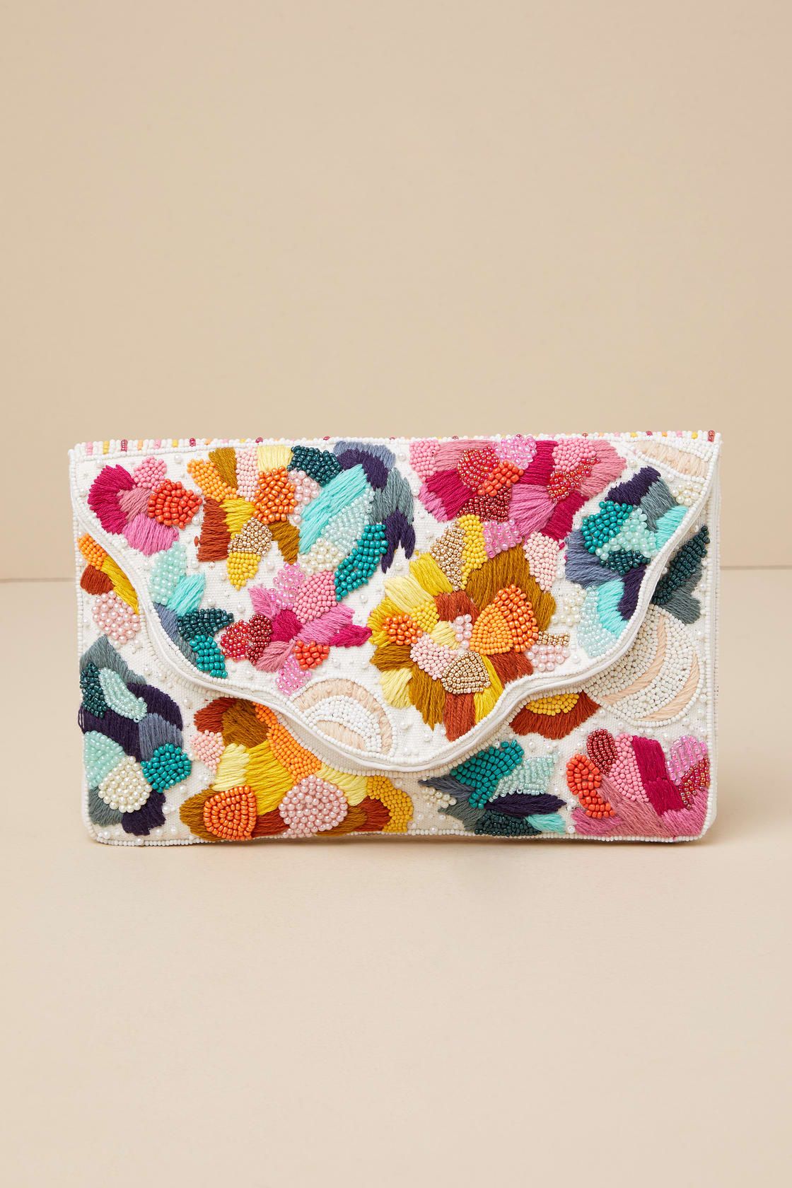 Vibrant Charm White Multi Beaded Embroidered Clutch | Lulus