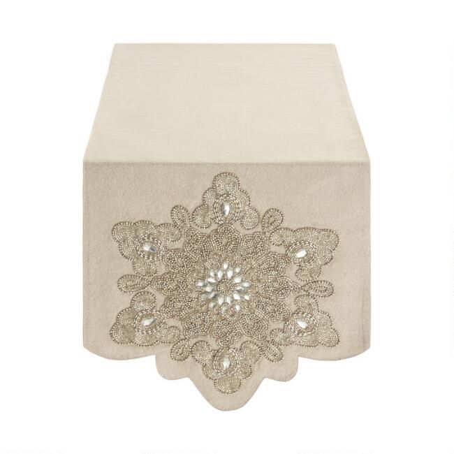 Pier Place White and Silver Beaded Snowflake Table Runner | World Market