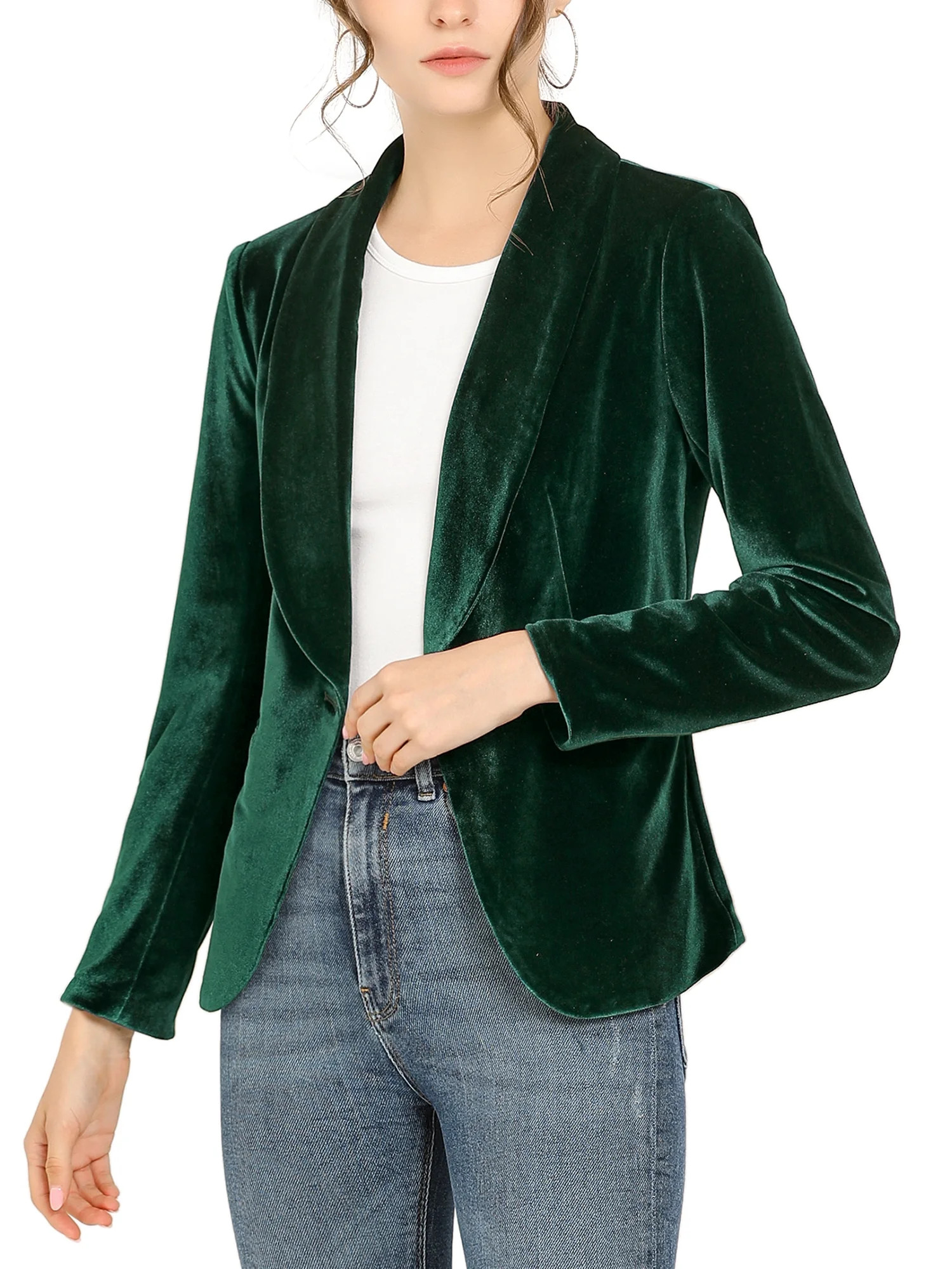 Allegra K Women's Work Shawl Collar Long Sleeve One Button Velvet Blazer - Walmart.com | Walmart (US)