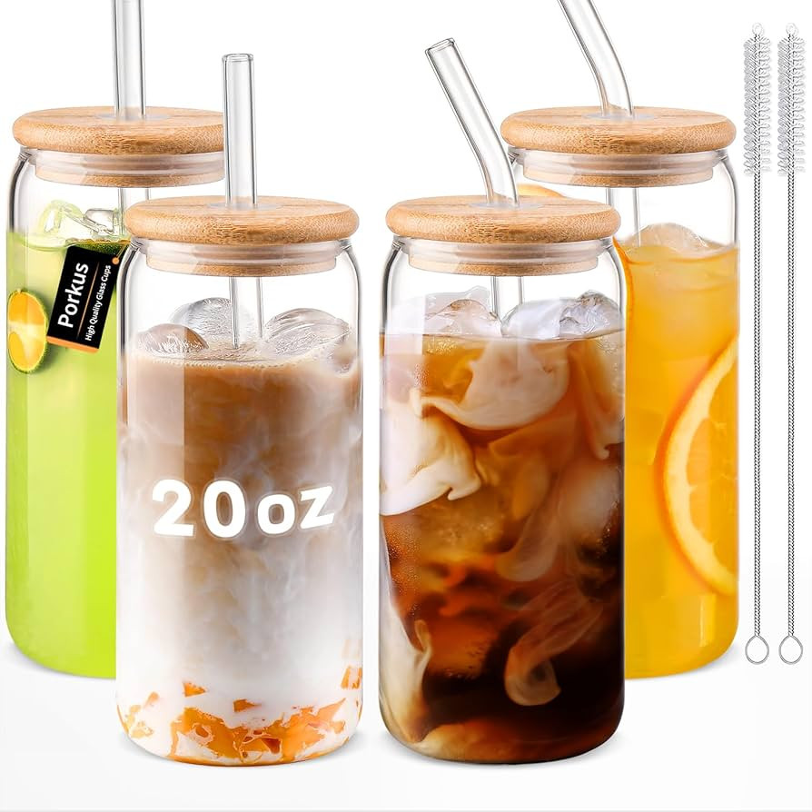 Porkus Glass Cups with Lids and Straws 4pcs Set, 20oz Glass Cups, Glass Coffee Cups, Iced Coffee ... | Amazon (US)
