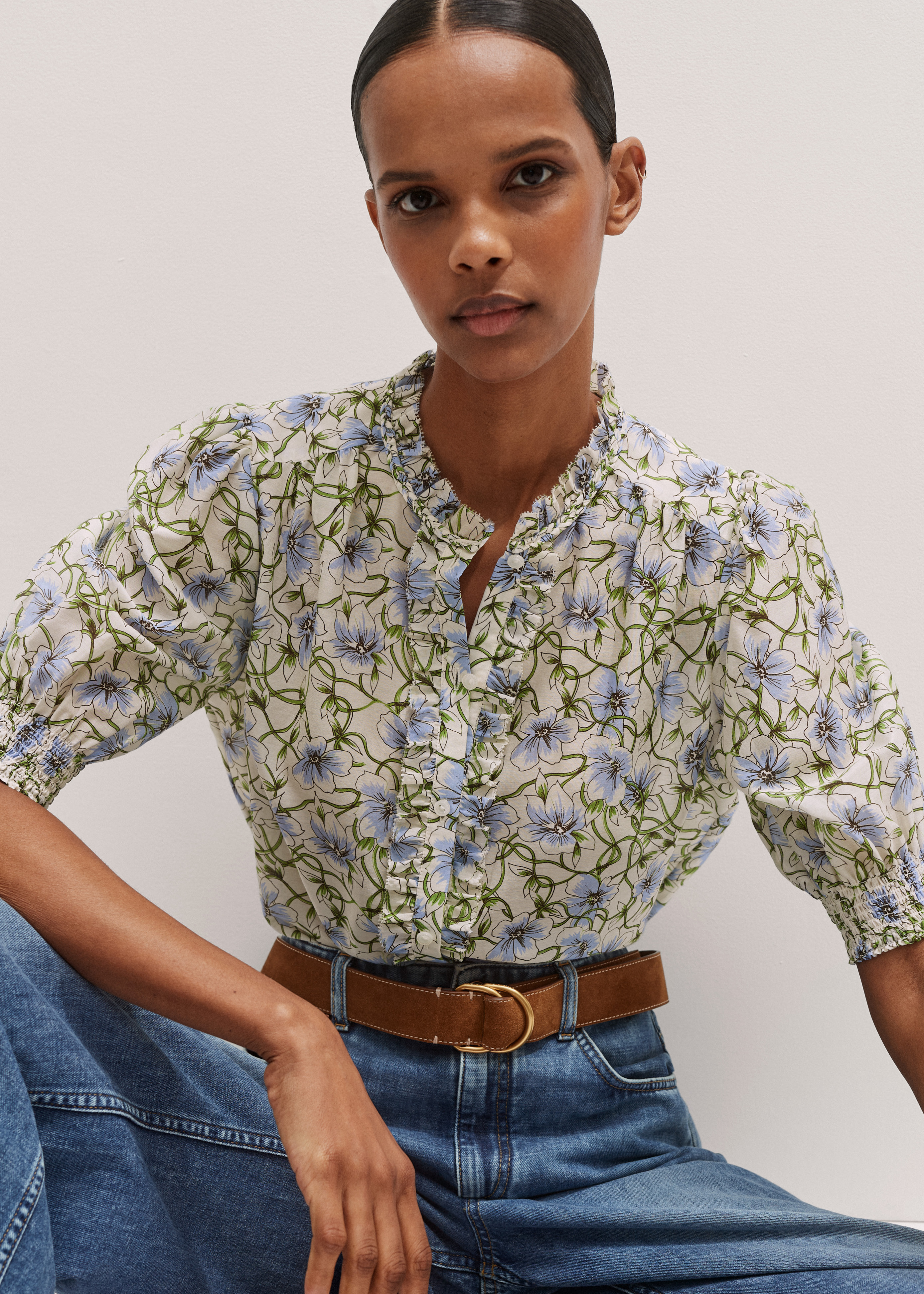 Silk Cotton Twisting Poppy Print Blouse Silk + Cotton | ME+EM Global (Excluding US)
