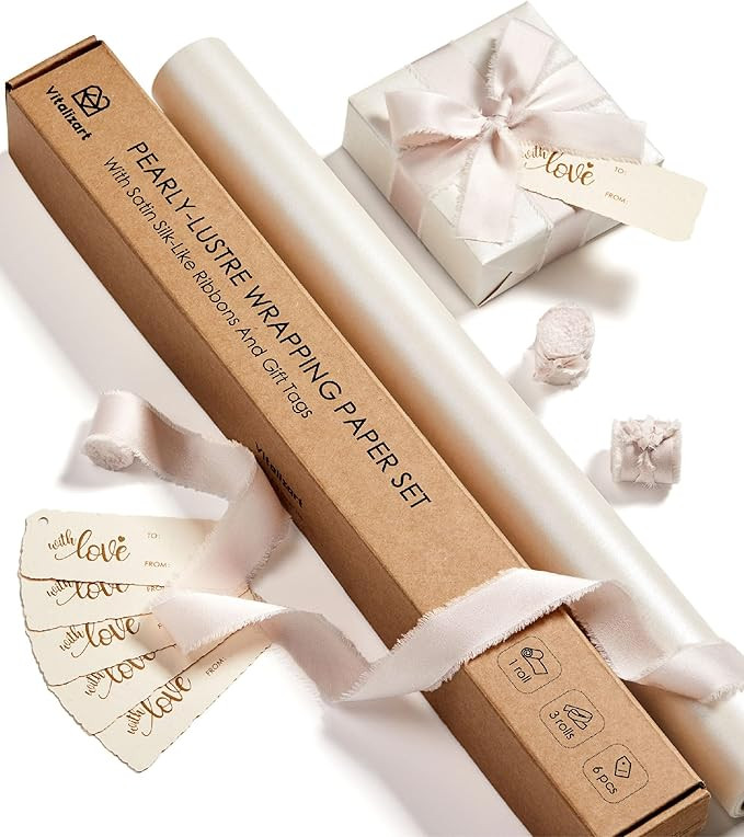 Vitalizart White Wrapping Paper Set 17" Pearly-Lustre With Silk Like Satin Ribbon & Gift Tags Rec... | Amazon (US)