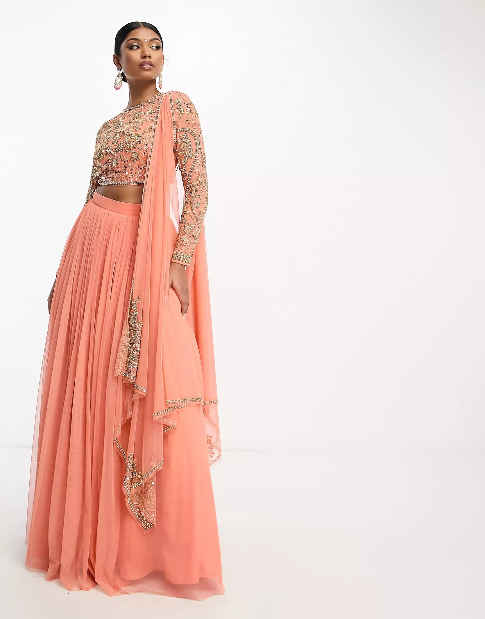 ASOS DESIGN mesh maxi lehenga skirt in marigold | ASOS (Global)