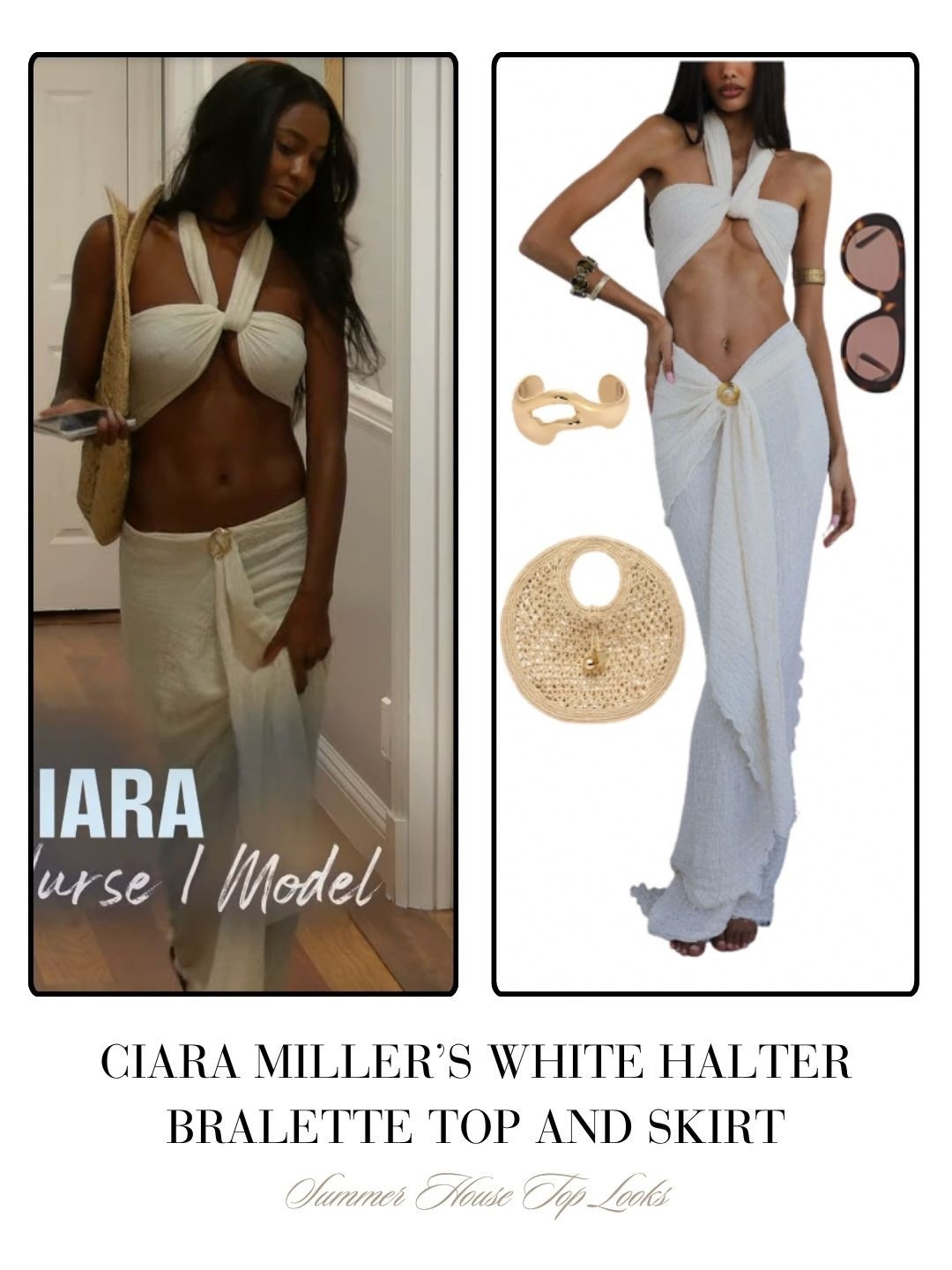 Ciara Miller’s White Halter Bralette Top and Skirt // Set sold by Savanna Morrow 