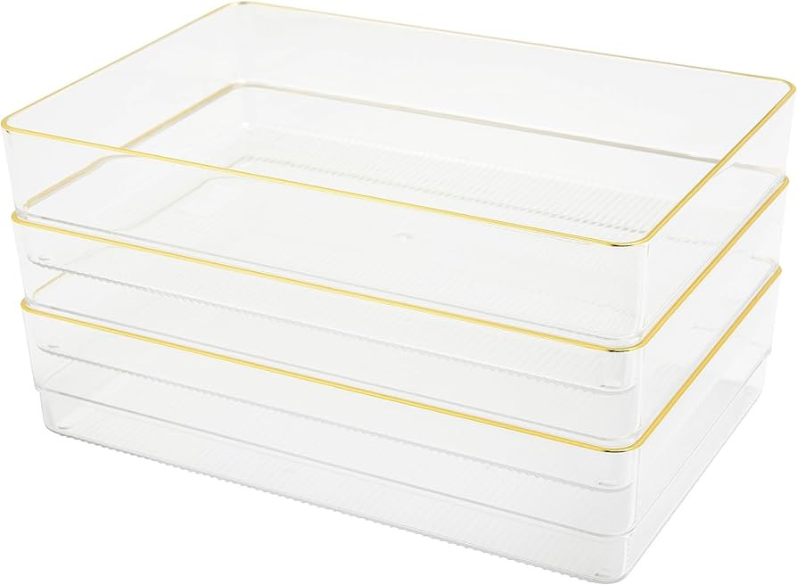Martha Stewart Kerry Plastic Stackable Office Desk Drawer Organizers, 9" x 6", 3 Pack, with Gold ... | Amazon (US)