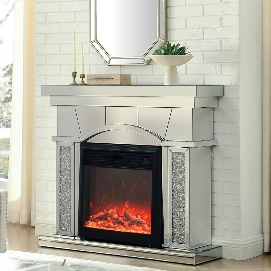 IKIFLY Mirrored Electric Fireplace with Crushed Diamond, Silver Electric Fireplace with Mantel, F... | Amazon (US)