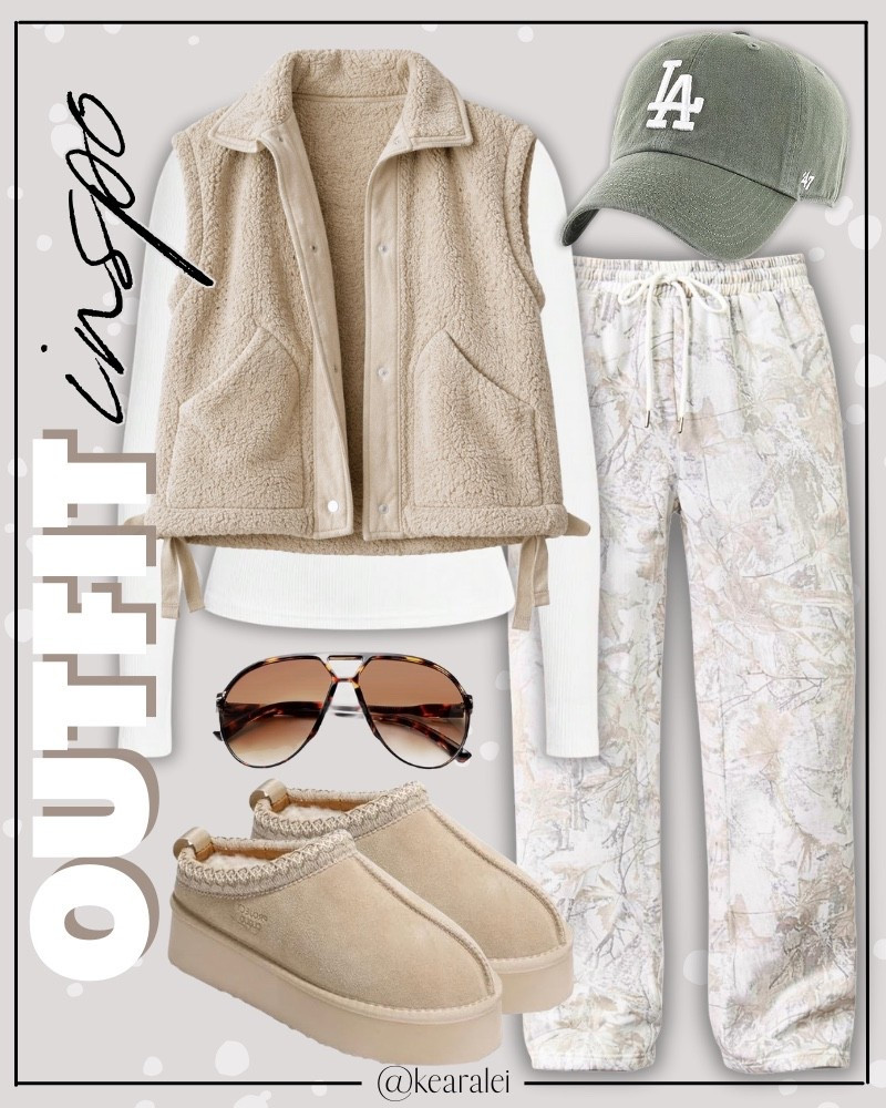Spring outfits 2026 winter outfits Amazon comfy outfit Amazon fashion tan khaki beige oversized fuzzy fleece vest tan Sherpa vest free people inspired look for less light grey camo sweat pants sweats Camo Pants Women Baggy Fleece Y2K Camouflage Cargo Pants High Waisted Wide Leg Drawstring Jogger Sweatpants white long sleeve top bodysuit white Henley long sleeve top tan Ugg tazz slippers genuine shearling suede leather platform clogs slippers uggs look for less with green 47 brand baseball hat cap brown aviator sunglasses || #amazon #outfit #winter #fall #cozy #freepeople #vest #affordable #neutrals
.
.
.

Fitness Wear, Activewear, exercise outfit, workout leggings, sports bra, Lulu lemon, free people motion active athleisure Amazon fashion, teacher outfits, business casual, casual outfits, neutrals, street style, Midi skirt, Maxi Dress, Swimsuit, Bikini, Travel, skinny Jeans, Puffer Jackets, Concert Outfits, Cocktail Dresses, Sweater dress, Sweaters, cardigans Fleece Pullovers, hoodies, button-downs, Oversized Sweatshirts, Jeans, High Waisted Leggings, dresses, joggers, fall Fashion, winter fashion, leather jacket, Sherpa jackets, Deals, shacket, Plaid Shirt Jackets, apple watch bands, lounge set, Date Night Outfits, Vacation outfits, Mom jeans, shorts, sunglasses, Disney outfits, Romper, jumpsuit, Airport outfits, biker shorts, Weekender bag, plus size fashion, Stanley cup tumbler Target, Abercrombie and fitch, Amazon, Shein, Nordstrom, H&M, forever 21, forever21, Walmart, asos, Nordstrom rack, Nike, adidas, Vans, Quay, Tarte, Sephora, lululemon, free people, j crew jcrew factory, old navy


#LTKSeasonal #LTKootd #LTKSaleAlert