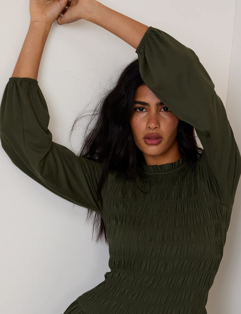 Khaki Green Ruched Siobhan Jersey Mini Dress | Nobody's Child