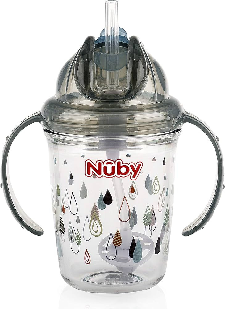 Nuby Tritan No Spill Flip N' Sip Twin Handle Printed Cup with 360 Weighted Straw (Gray, Tie Rain) | Amazon (US)