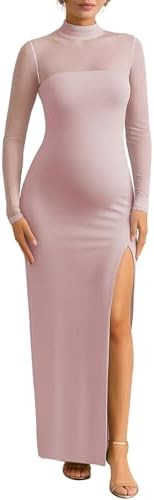 Dedysler Maternity Long Sleeve Maxi Wedding Guest Dress for Baby Shower with Mesh Split Mock Neck... | Amazon (US)