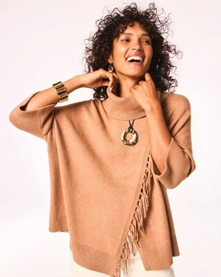 Women's Cowlneck Knit Fringe Poncho in Faux Creme Coffee Heather | Chico's | Chico's