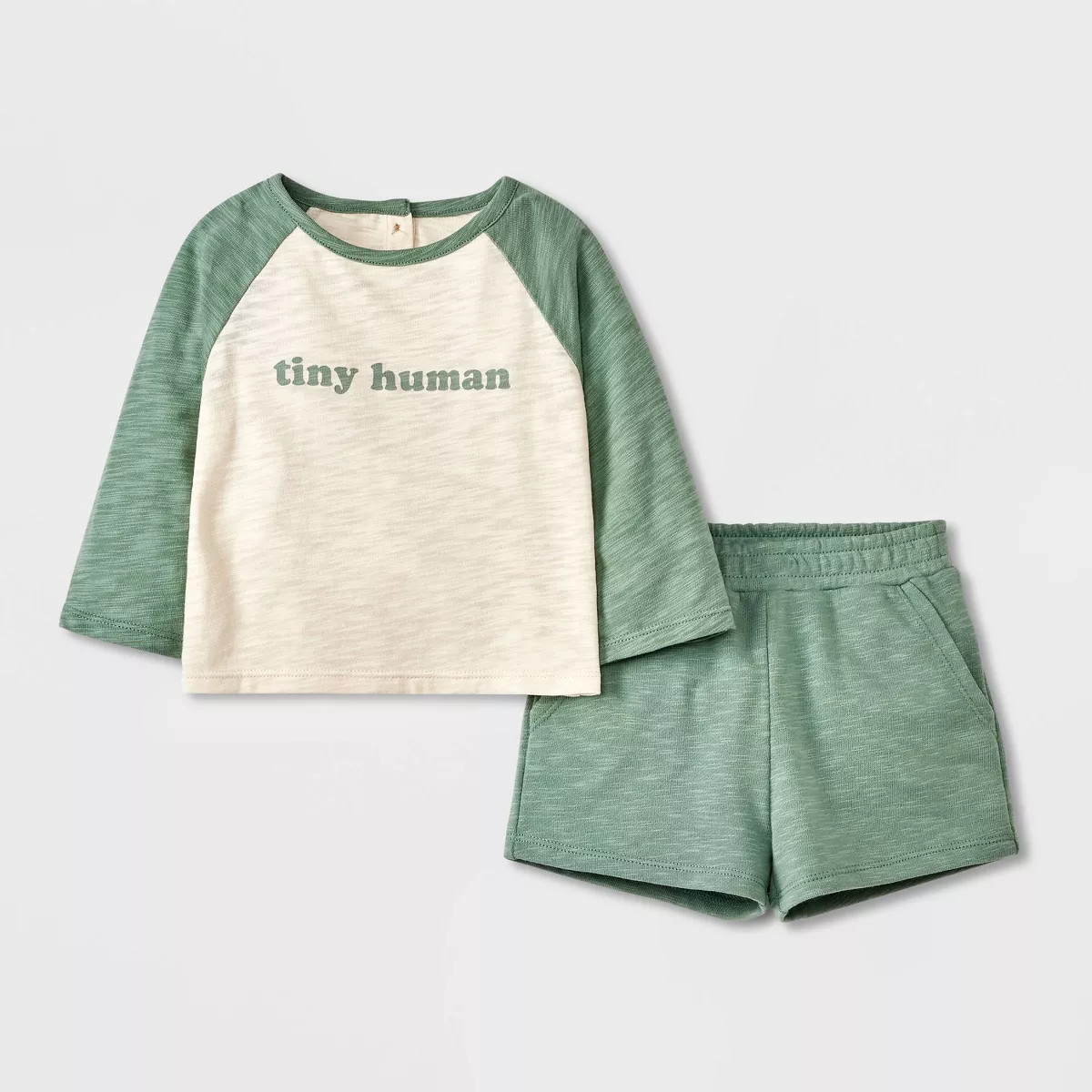 Baby 'Tiny Human' French Terry T-Shirt & Shorts Set - Cloud Island™ Green | Target