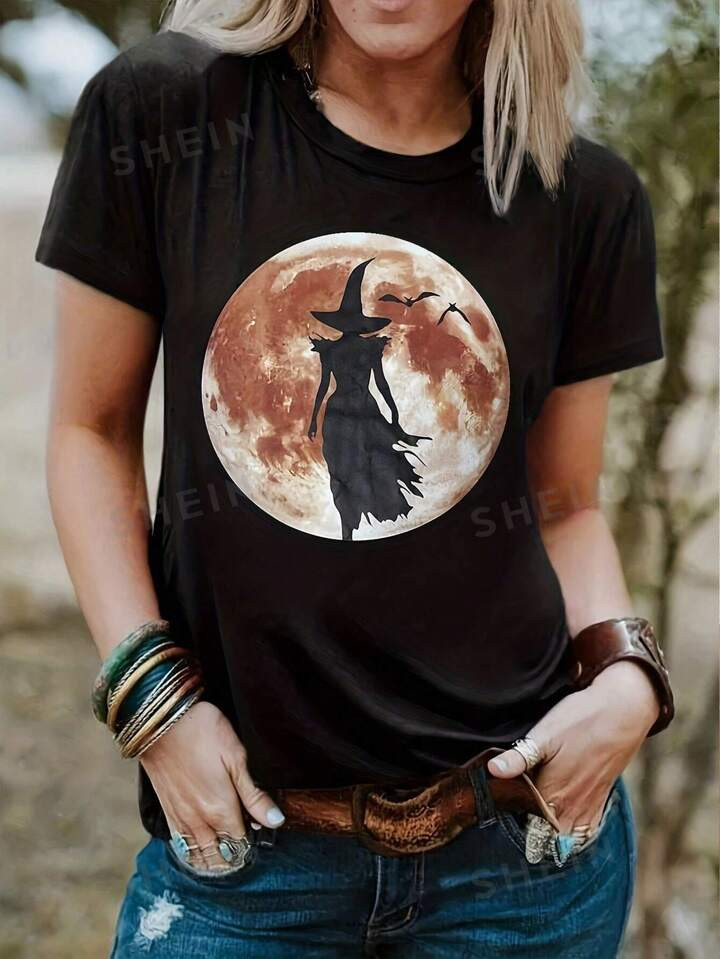 SHEIN Essnce Women's Off-The-Shoulder Tee, Halloween Witch & Moon Print, Casual Short Sleeve Autu... | SHEIN