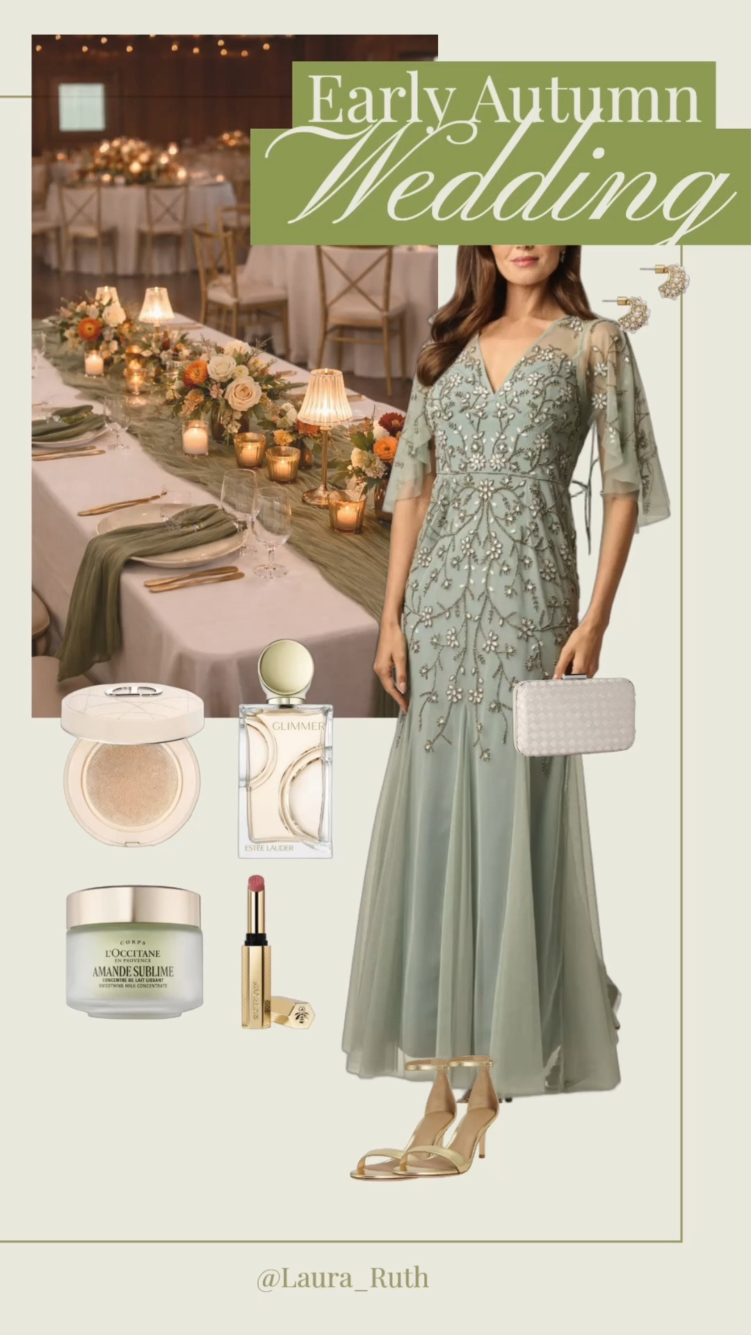 Early autumn wedding guest dressing 🍃✨ This dreamy sage green embellished gown is the perfect balance of romantic, elegant and effortlessly chic. Paired with delicate gold heels, pearl drop earrings and a neutral clutch for a timeless wedding guest look. fall wedding guest dresses 

 #LTKautumn #LTKwedding #LTKdresses