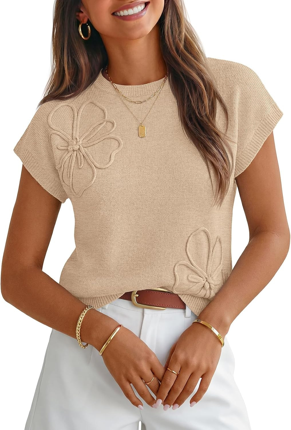 MEROKEETY Women's Fall Floral Short Sleeve Sweaters Winter Trendy Work Tops | Amazon (US)