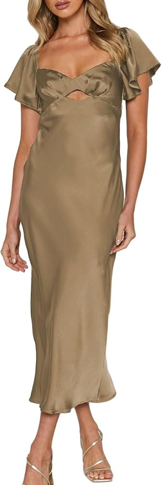 Summer Satin Flutter Sleeve Wedding Guest Dresses for Women Sweetheart Neckline Cutout Tie Back M... | Amazon (US)