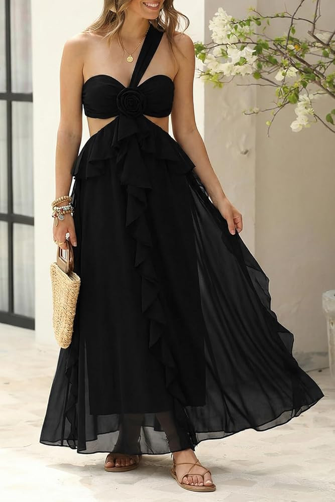 Naggoo Women's Spring Formal Wedding Guest Halter Dress Backless Flowy Vacation Boho Maxi Dresses Black at Amazon Women Clothing store | Amazon (US)