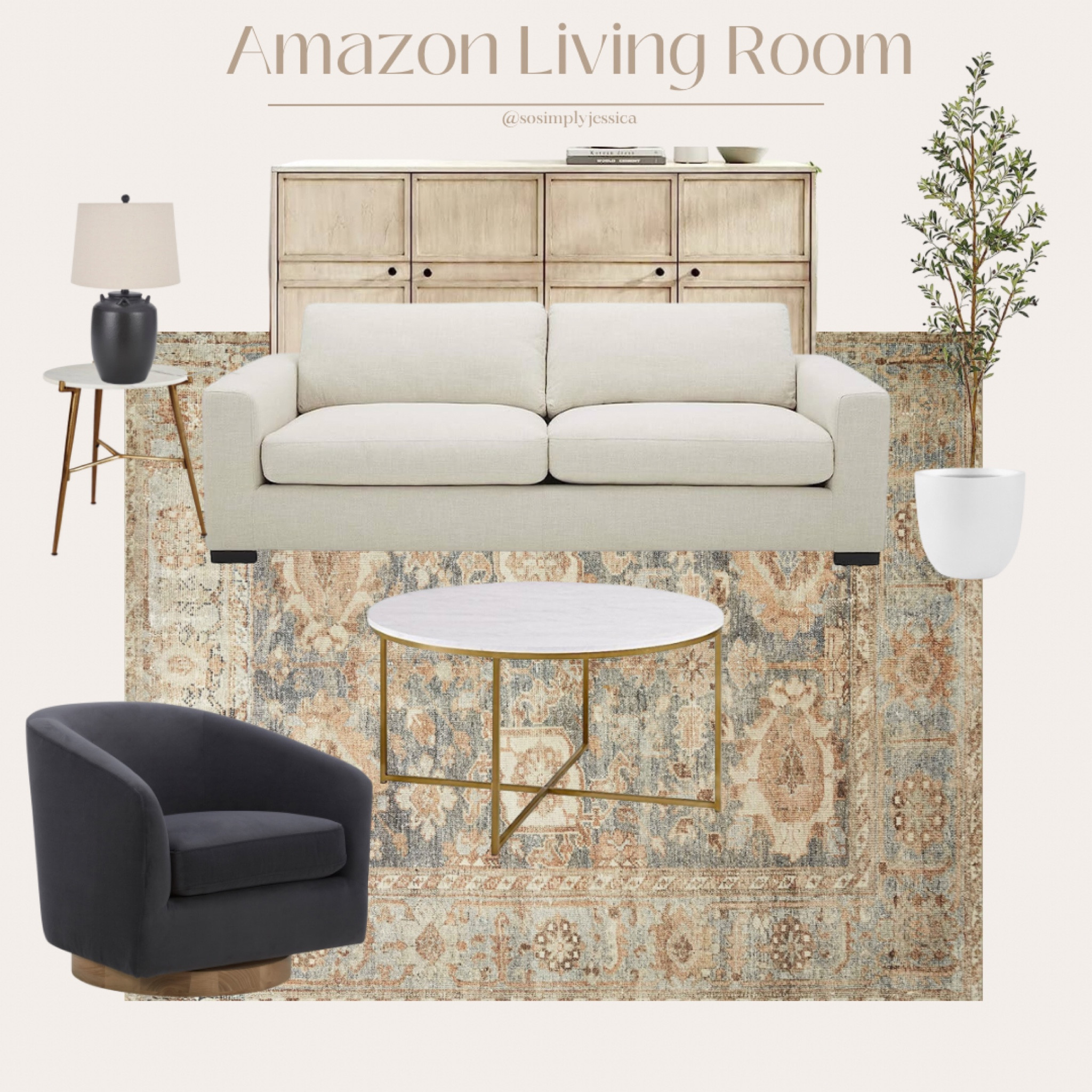 Living room
Loloi rug 
Olive tree
Accent chair
Sofa
Lamp
Side table
Gold round table
Amazon Prime 

#LTKhome #LTKFind