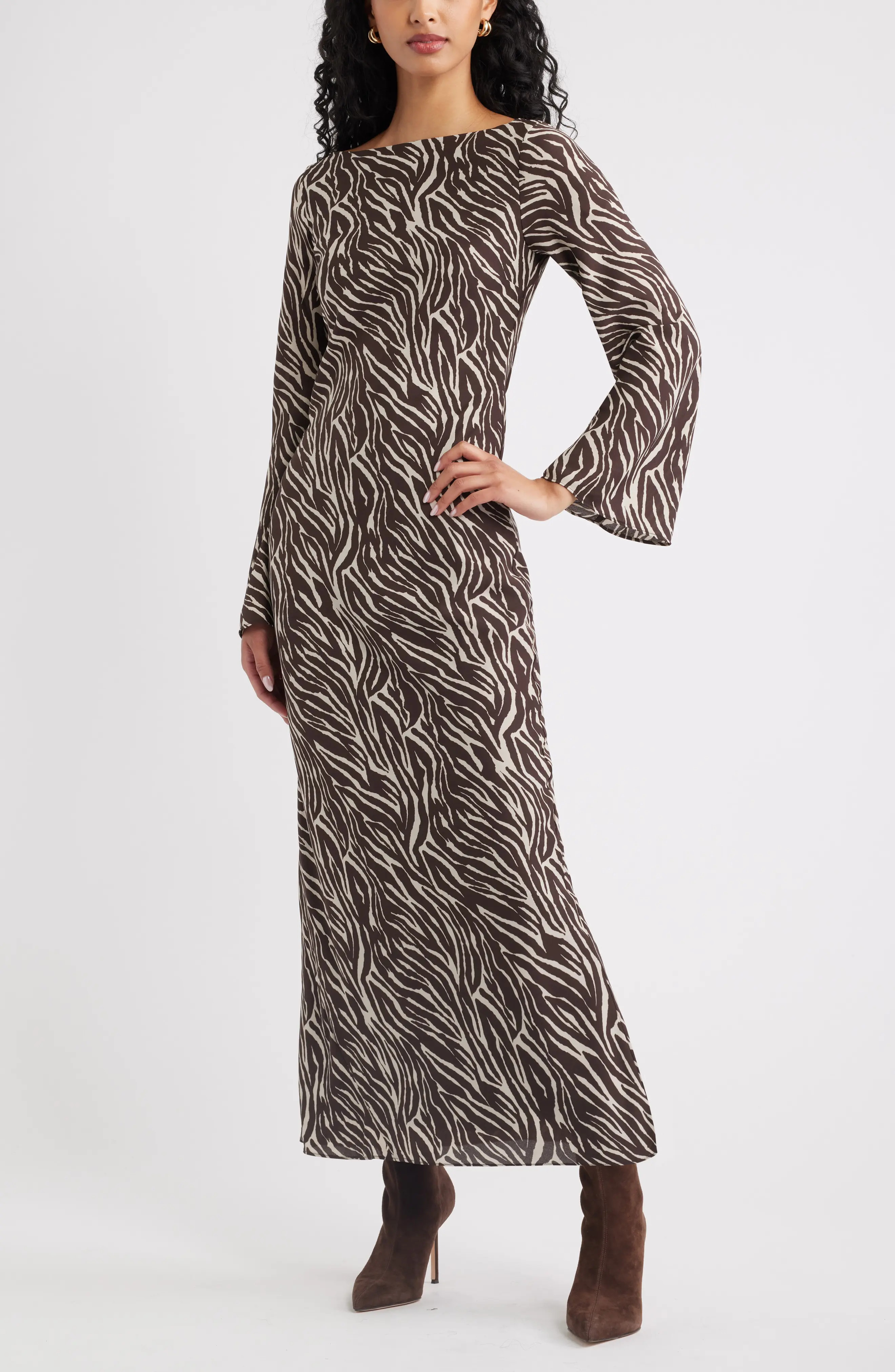 Print Long Sleeve Drape Back Dress (Women) | Nordstrom | Nordstrom