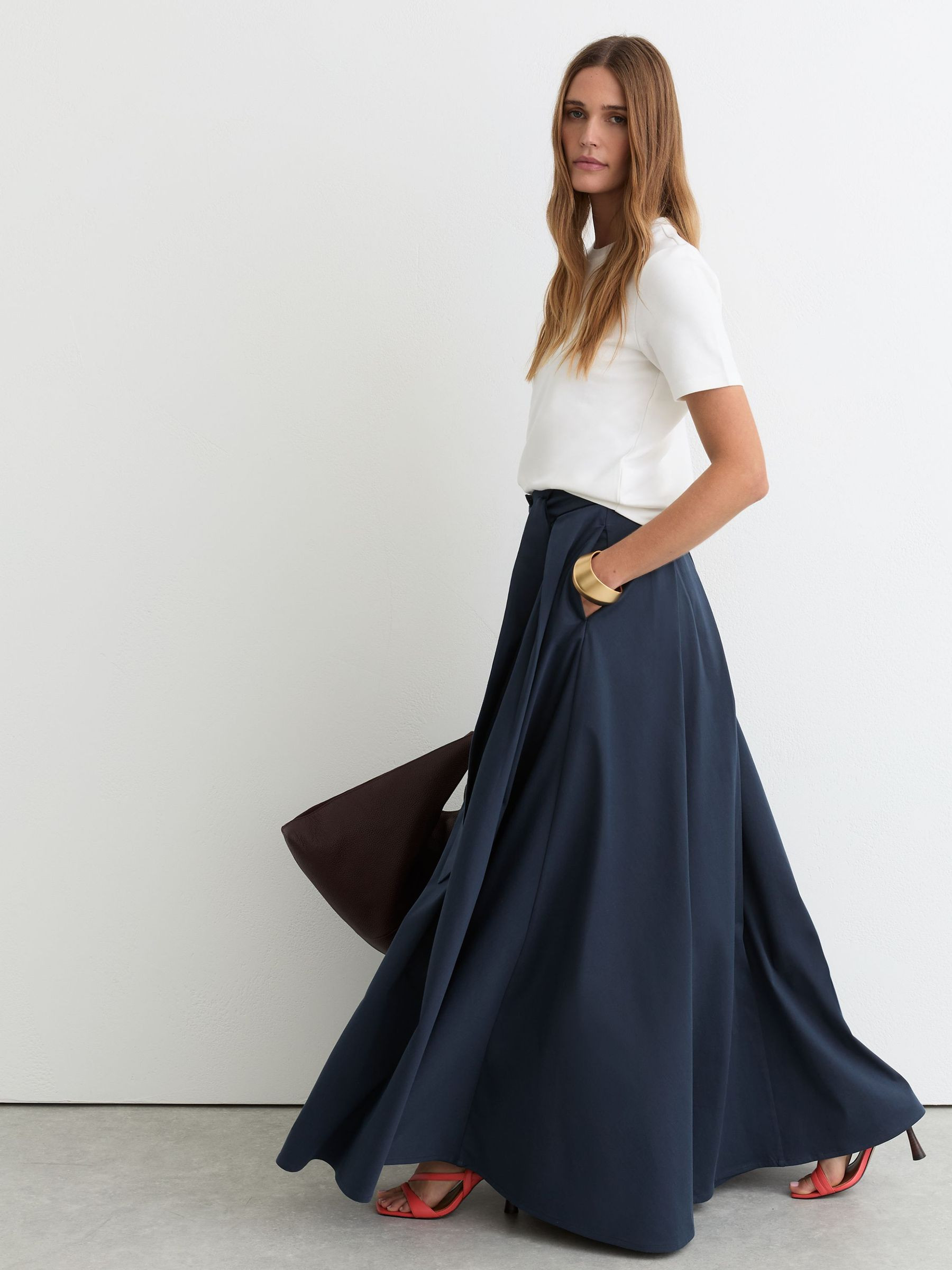 Reiss Petite Cotton-Blend Pleated Maxi Skirt in Navy Blue - REISS | Reiss UK