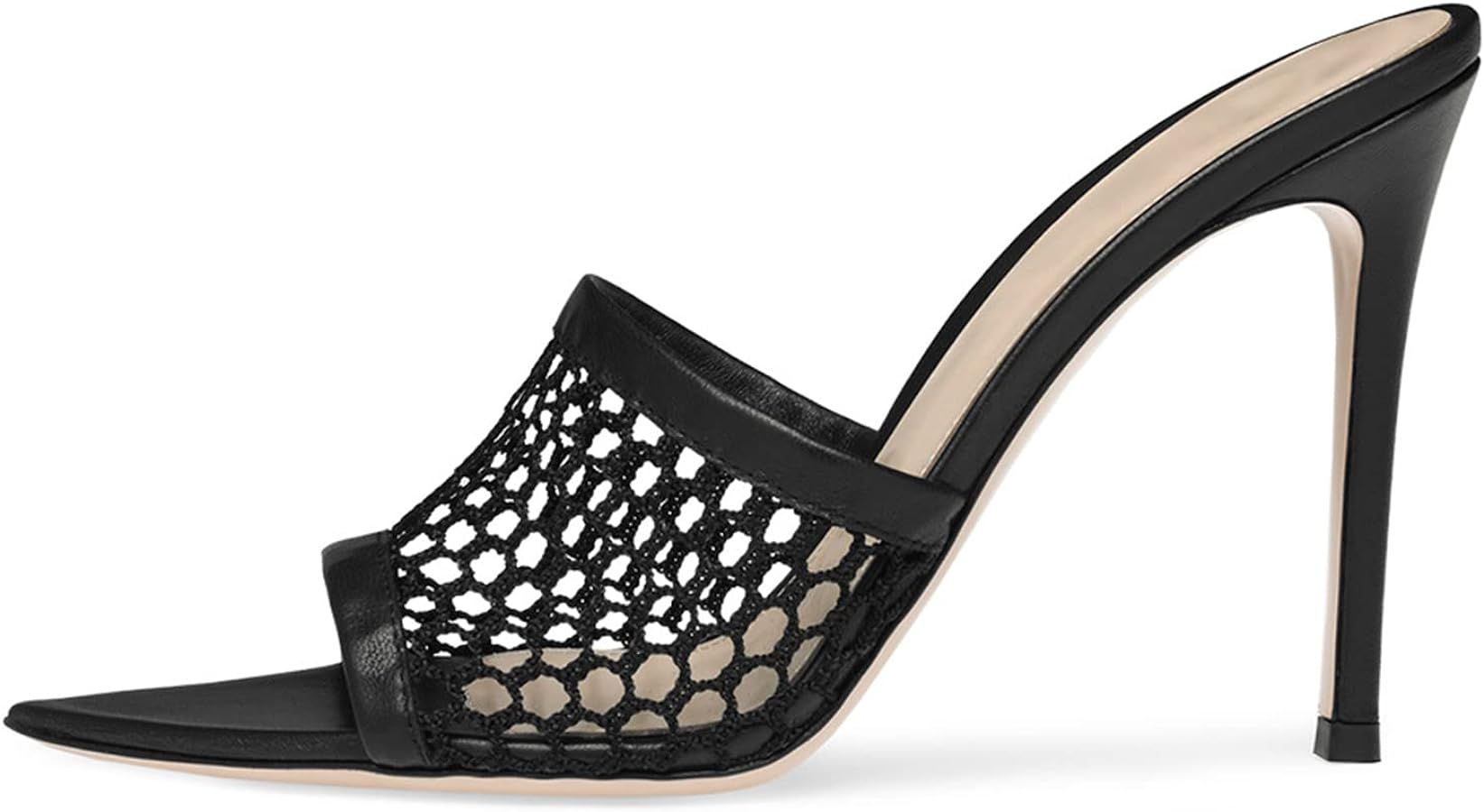 Women's Black Mesh Pointed Sandals Sexy Peep-Toe Muller Slides,Unisex Plus Size Comfortable Summer Beach Heels Wedding Party Dress Shoes | Amazon (US)