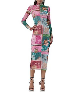 AFRM Shailene Tropical Postcard Print Mock Neck Long Sleeve Fitted Midi Dress - S | Dillard's