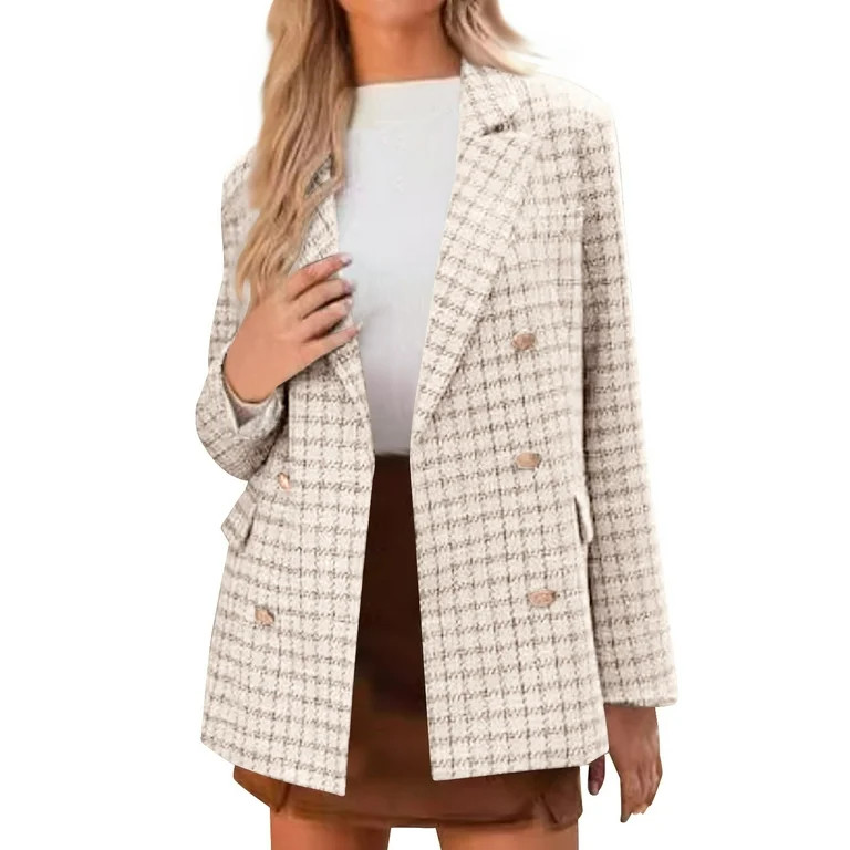 Hvot&aat Spring Women's Tweed Plaid Blazer Jacket Double-Breasted Open Front Long Sleeve Business... | Walmart (US)