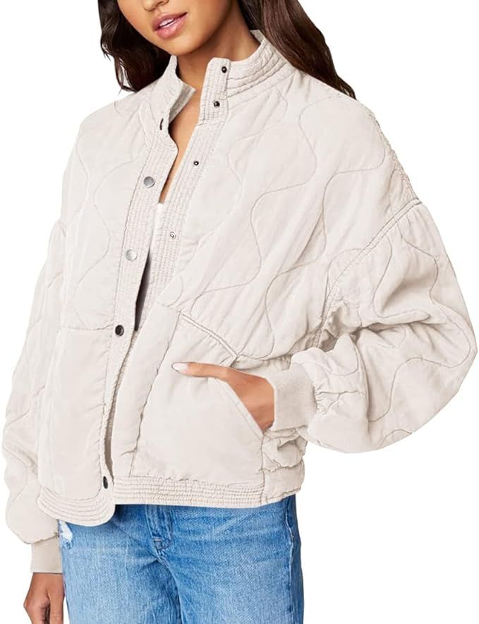 Veatzaer Womens Drop Shoulder Quilted Jackets Casual Long Sleeve Stand Neck Lightweight Warm Wint... | Amazon (US)